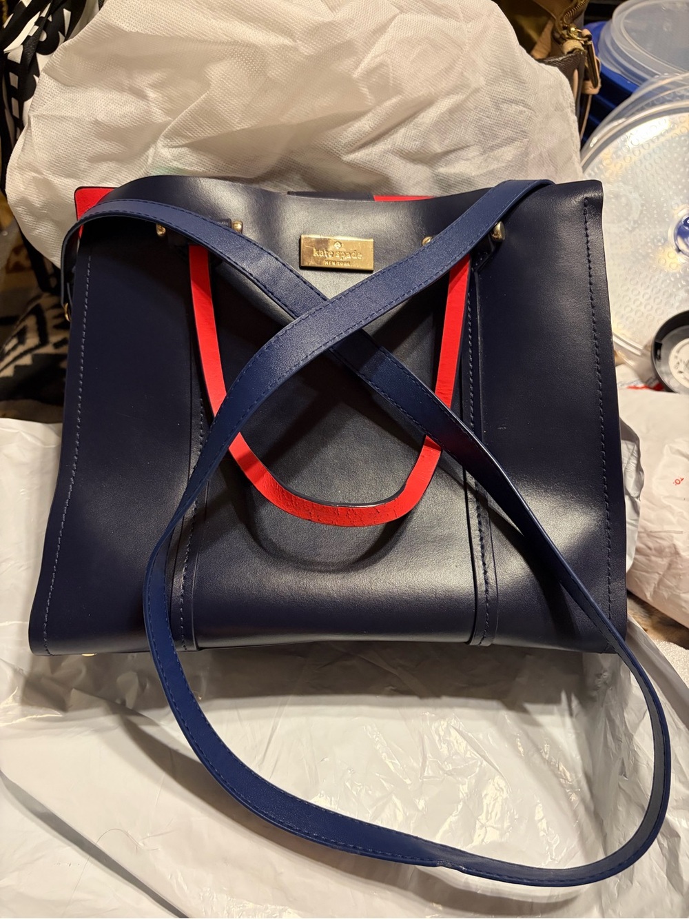 Kate Spade EUC Navy Leather Tote with Red Leather Interior